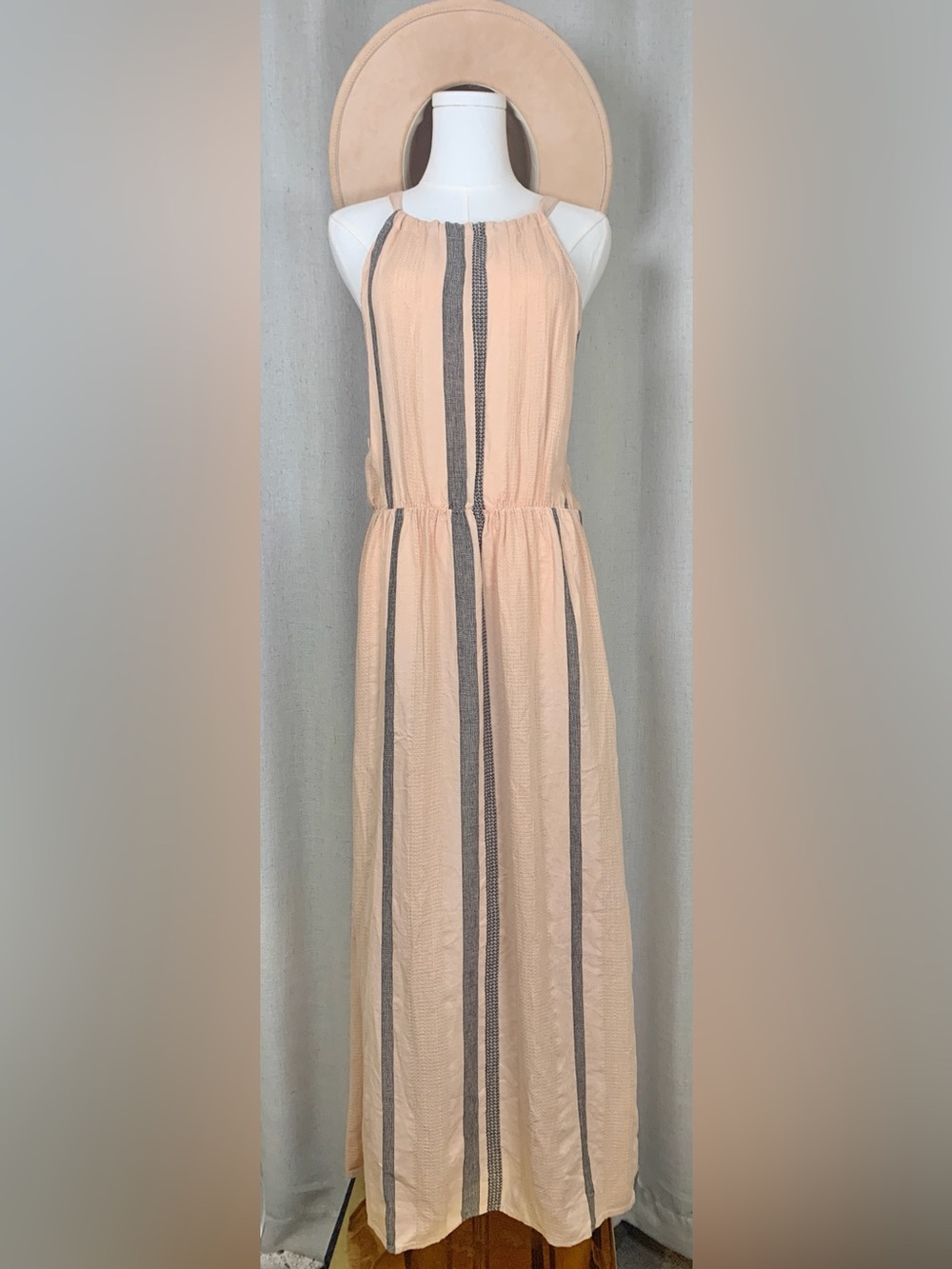 Anthropologie Cloth And Stone Peach & Black Striped Gauze Maxi Dress Boho M NEW